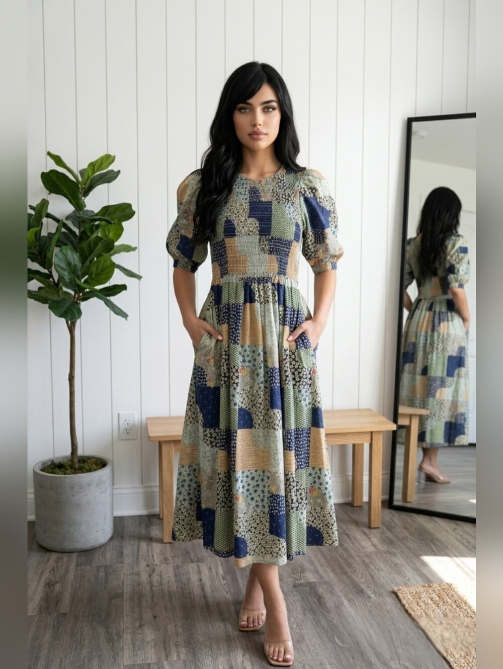 Sea New York Louie Smocked Patchwork Print Cotton Midi Dress NWT 🤍